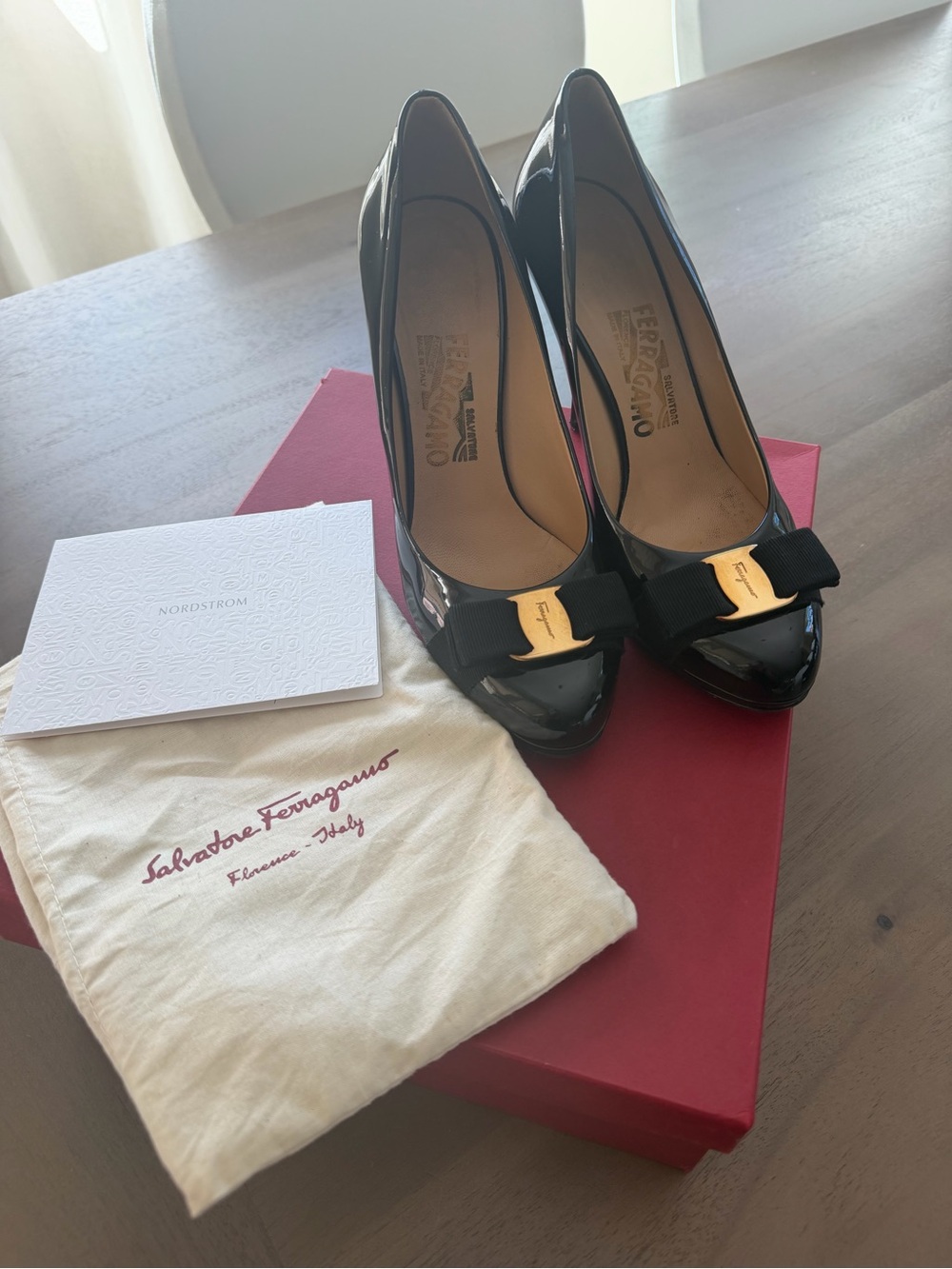 Salvatore Ferragamo Black Patent Leather Vara Bow Pumps